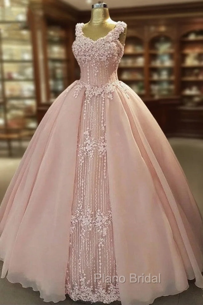 Spaghetti Straps V Neck Pink Tulle Wedding Dresses Ball Gowns Main image