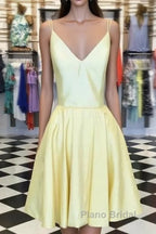 Spaghetti Straps V-Neck Satin Homecoming Dresses Short Mini Cocktail Dresses
