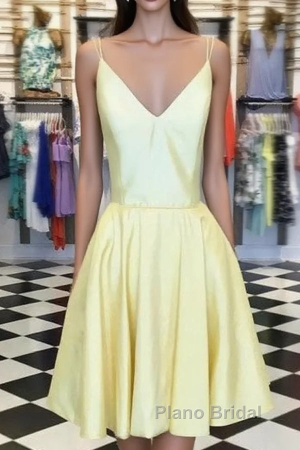 Spaghetti Straps V-Neck Satin Homecoming Dresses Short Mini Cocktail Dresses