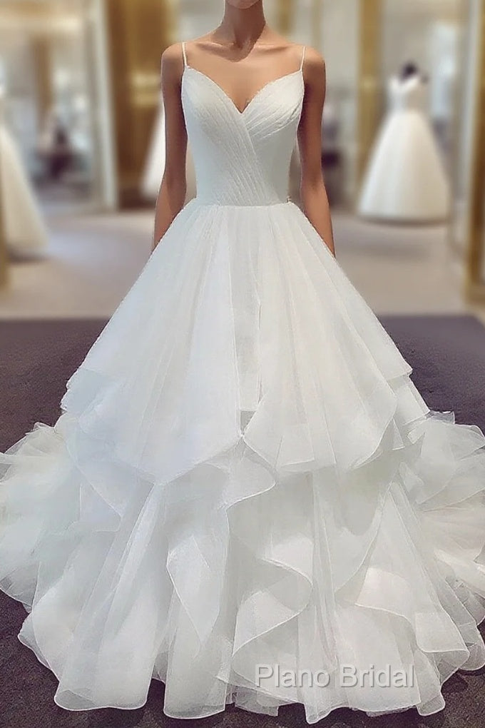 Spaghetti Straps V Neck White Wedding Dresses, V Neck White Puffy Wedding Gown, Bridal Dresses Main image