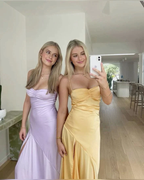 Spaghetti Straps Yellow Mermaid Long Party Dresses Slit Formal Prom Dresses