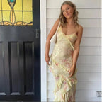 Spaghetti Straps Yellow Sheath Long Formal Prom Dresses Ruffled Lace Dresses 2027