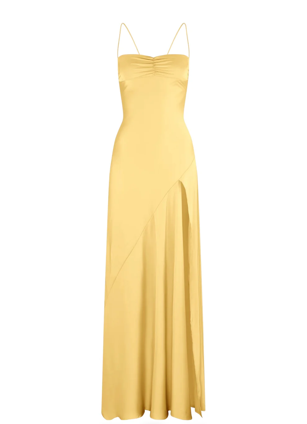 Spaghetti Strps Yellow Slit Long Formal Prom Dresses