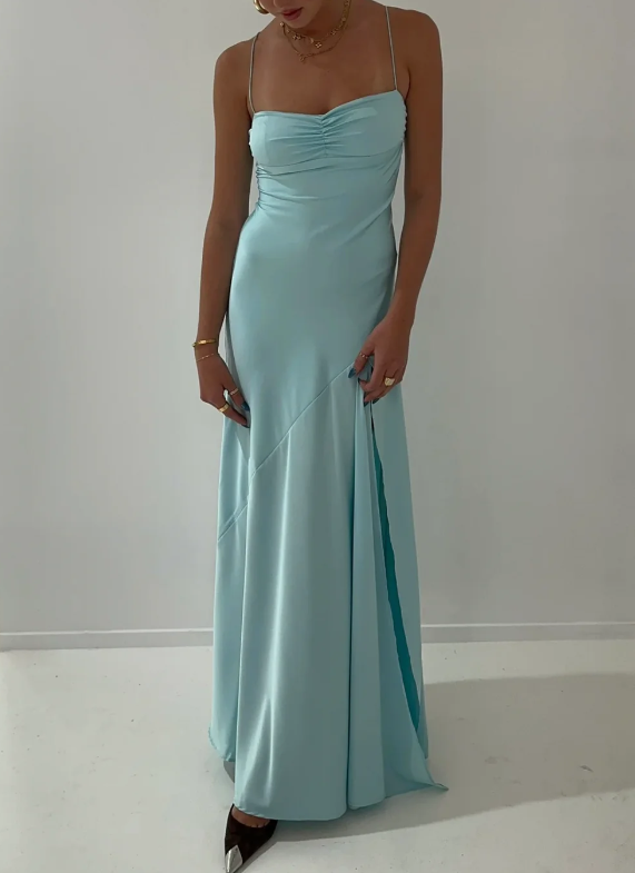 Spaghetti Strps Yellow Slit Long Formal Prom Dresses