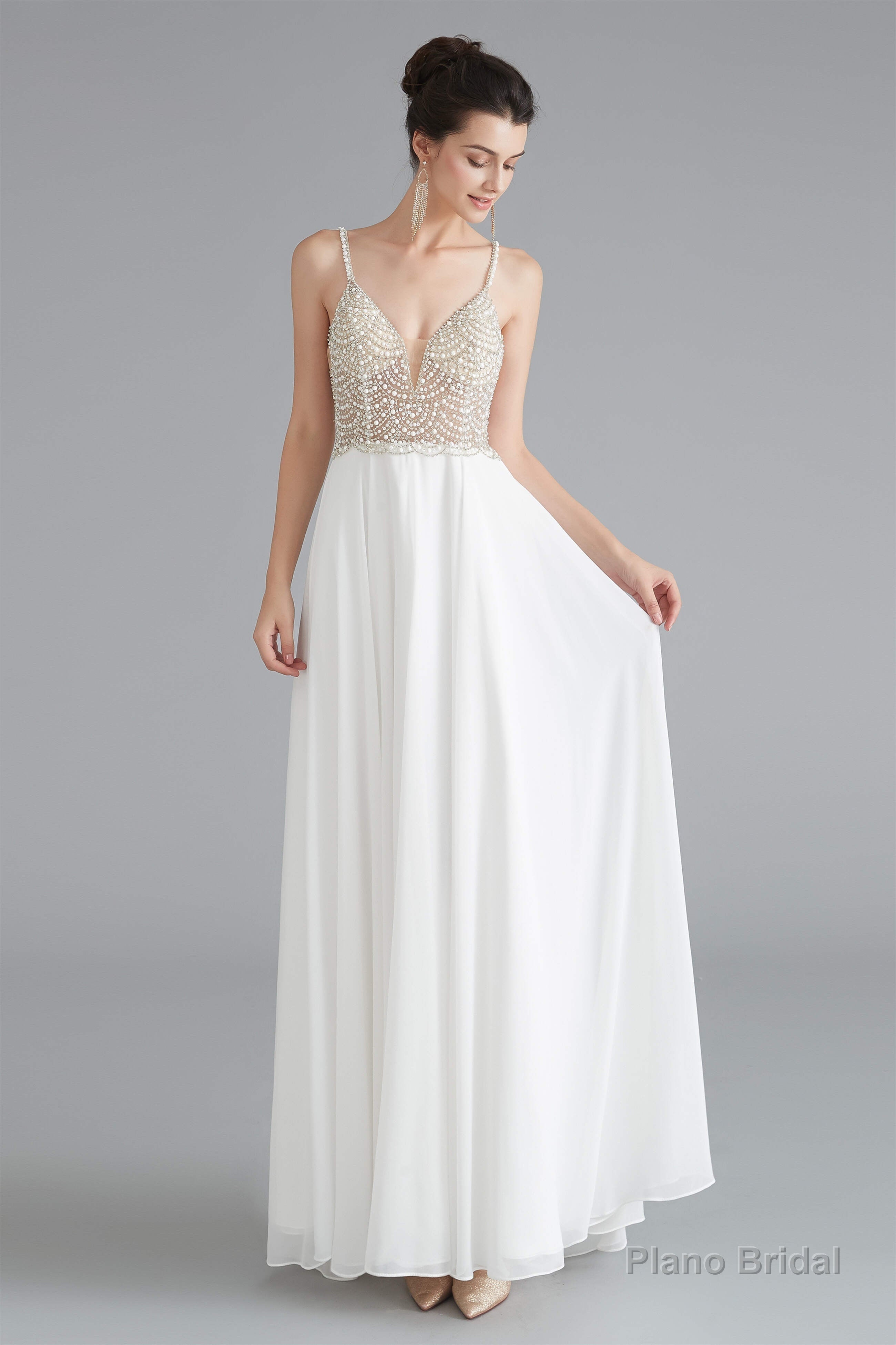 Spaghetti V-Neck Beaded Pearls Chiffon Prom Dresses Secondary image