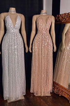 Spaghetti V-Neck Polka Sequins Tulle Floor Length Mermaid Prom Dresses