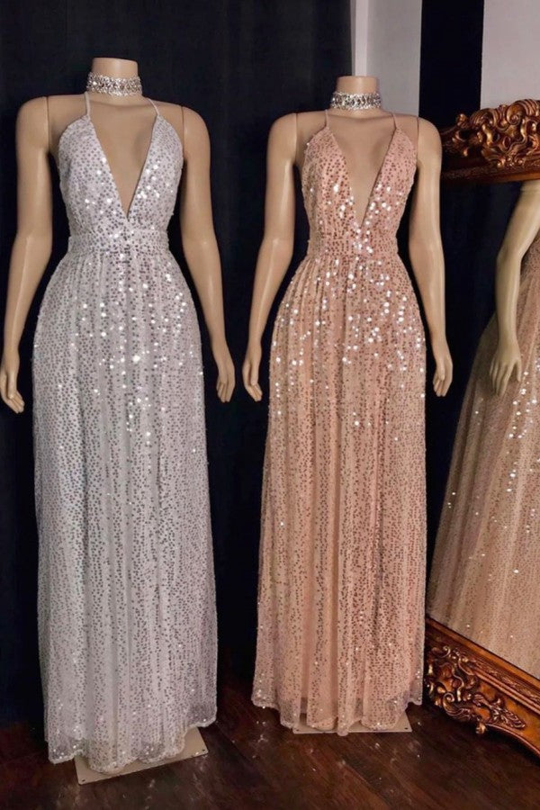 Spaghetti V-Neck Polka Sequins Tulle Floor Length Mermaid Prom Dresses