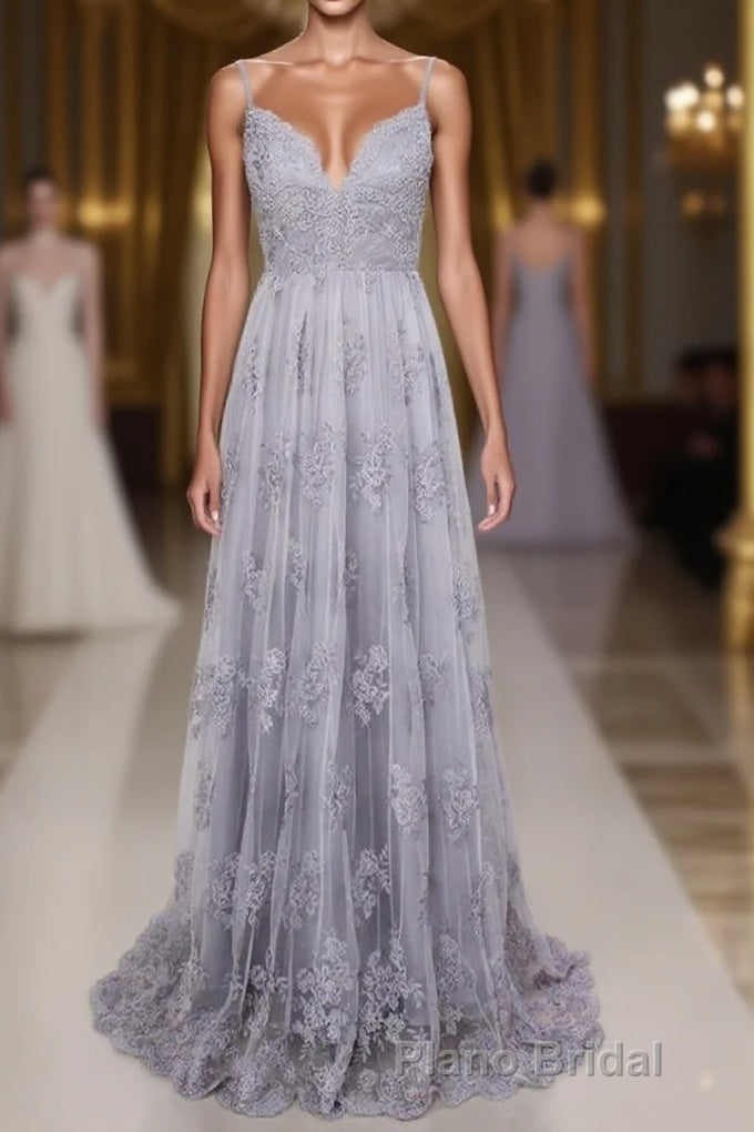 Spaghetti Straps Long Lace Formal Prom Gown, A Line V Neck Sleeveless Prom Dresses Main image