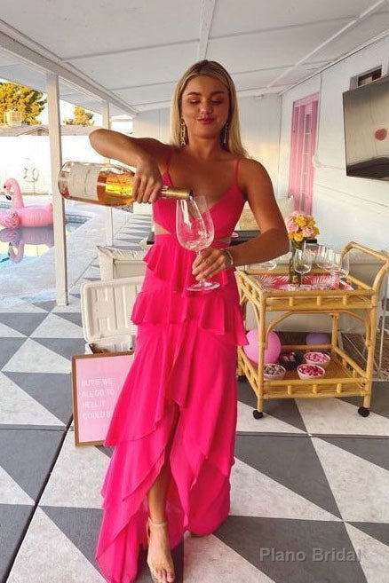 Spaghetti Straps Pink Chiffon Prom Dress, Hi-lo Long Party Dresses Main image