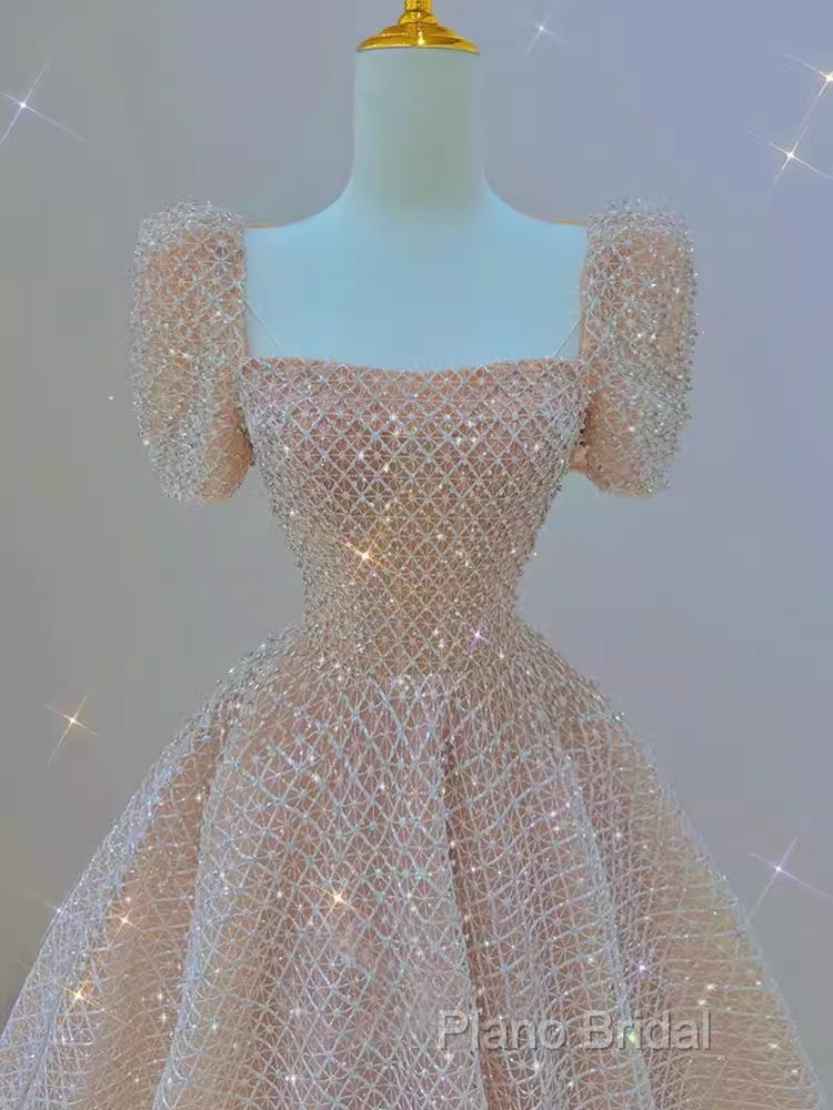 Sparkle A Line Square Neckline Sequin Pink Long Formal Prom Dresses Secondary image