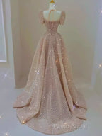 Sparkle A Line Square Neckline Sequin Pink Long Formal Prom Dresses