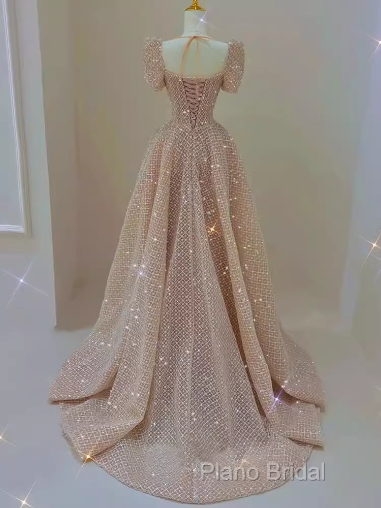 Sparkle A Line Square Neckline Sequin Pink Long Formal Prom Dresses