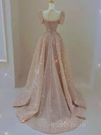 Sparkle A Line Square Neckline Sequin Pink Long Formal Prom Dresses