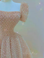 Sparkle A Line Square Neckline Sequin Pink Long Formal Prom Dresses