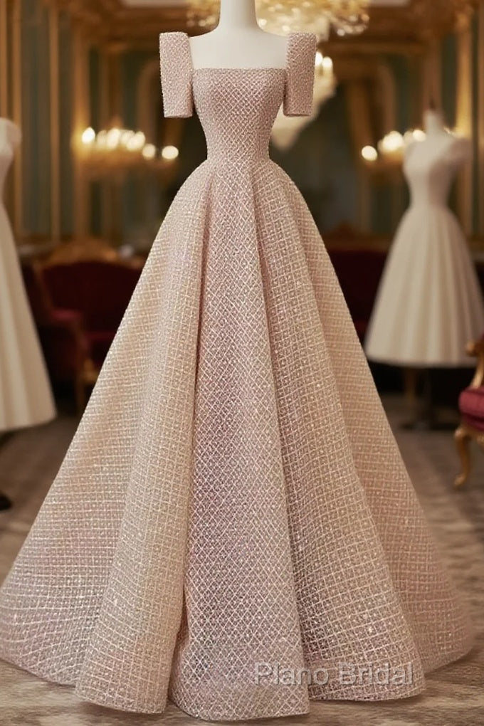 Sparkle A Line Square Neckline Sequin Pink Long Formal Prom Dresses Main image