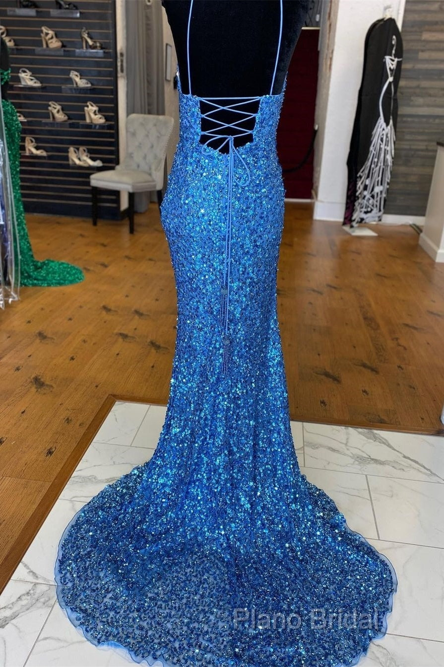 Sparkle Blue Sequin Formal Prom Dresses Iridescent Mermaid Long Formal Dresses Side Slit Secondary image
