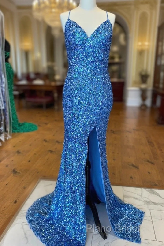 Sparkle Blue Sequin Formal Prom Dresses Iridescent Mermaid Long Formal Dresses Side Slit Main image
