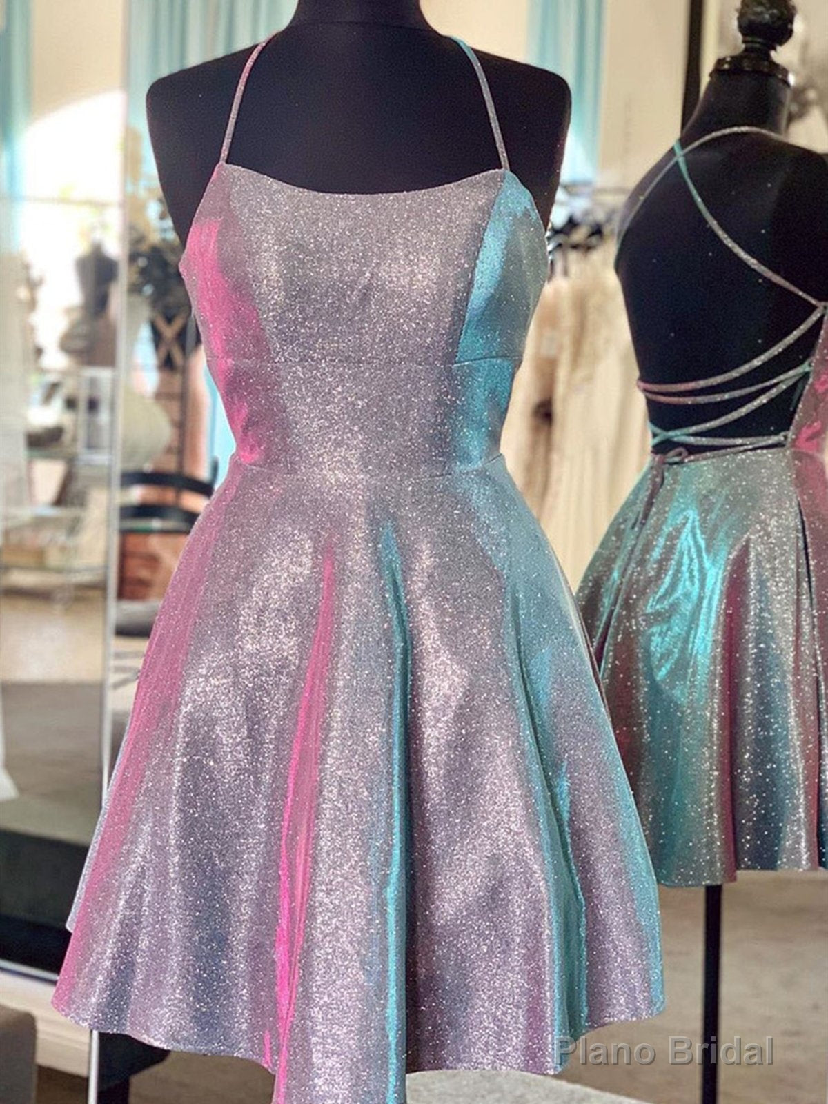 Sparkle Criss Cross Short Purple Prom Dresses, Shiny Short Purple Formal Homecoming Dresses Main image