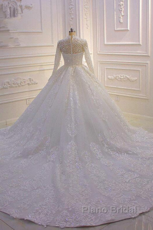 Sparkle Lace Ball Gown High Neck Tull Long Sleevess Wedding Dress Secondary image