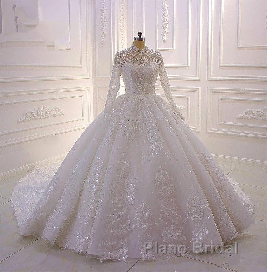 Sparkle Lace Ball Gown High Neck Tull Long Sleevess Wedding Dress