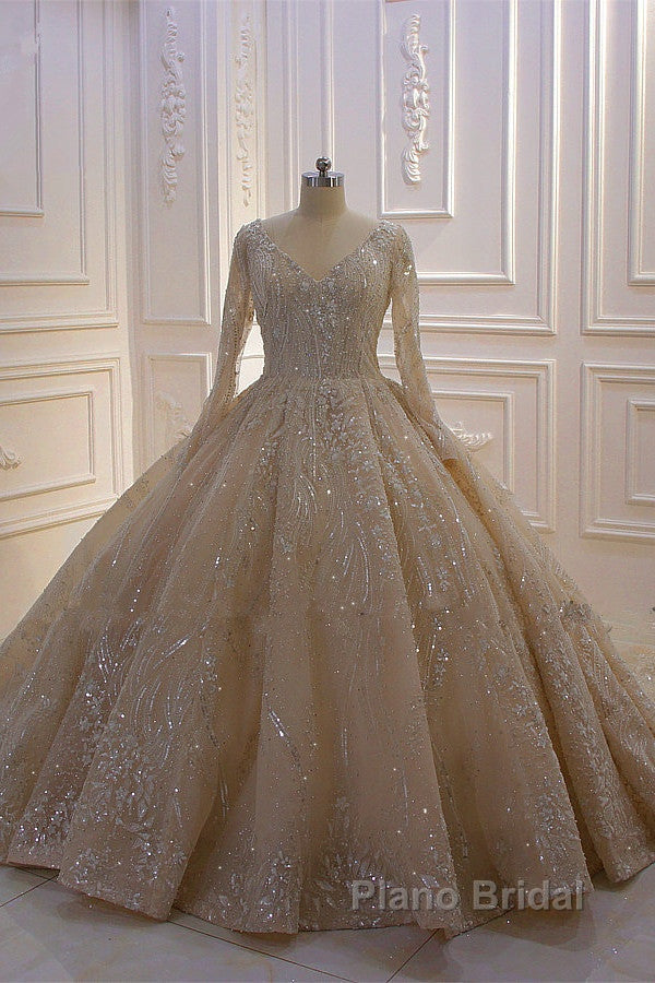 Sparkle Lace Long Sleevess Champange Luxurious corset Wedding Dress Secondary image