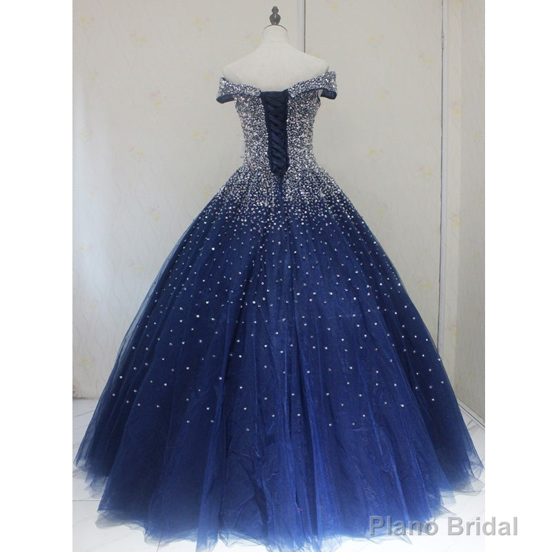 Sparkle Navy Blue Off Shoulder Ball Party Dress,Red Black Beaded Prom Dresses