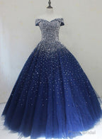 Sparkle Navy Blue Off Shoulder Ball Party Dress,Red Black Beaded Prom Dresses