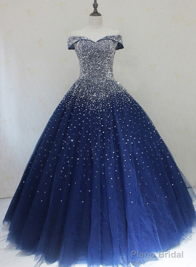 Sparkle Navy Blue Off Shoulder Ball Party Dress,Red Black Beaded Prom Dresses
