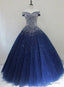 Sparkle Navy Blue Off Shoulder Ball Party Dress,Red Black Beaded Prom Dresses
