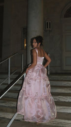 Sparkle Pink Organza A-Line Formal Prom Dresses, Floor Length Formal Evening Party Dresses