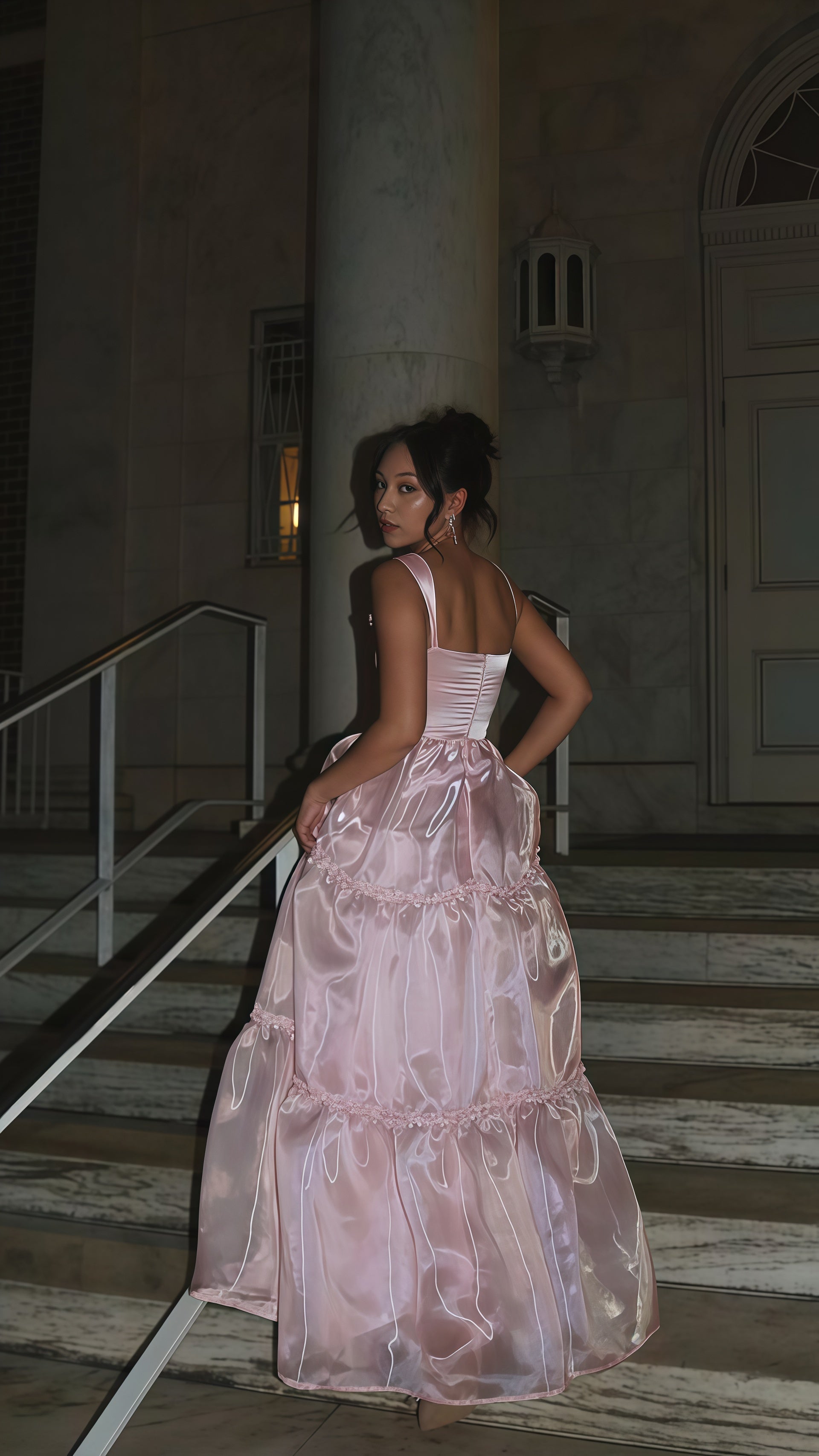 Sparkle Pink Organza A-Line Formal Prom Dresses, Floor Length Formal Evening Party Dresses