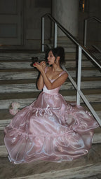 Sparkle Pink Organza A-Line Formal Prom Dresses, Floor Length Formal Evening Party Dresses