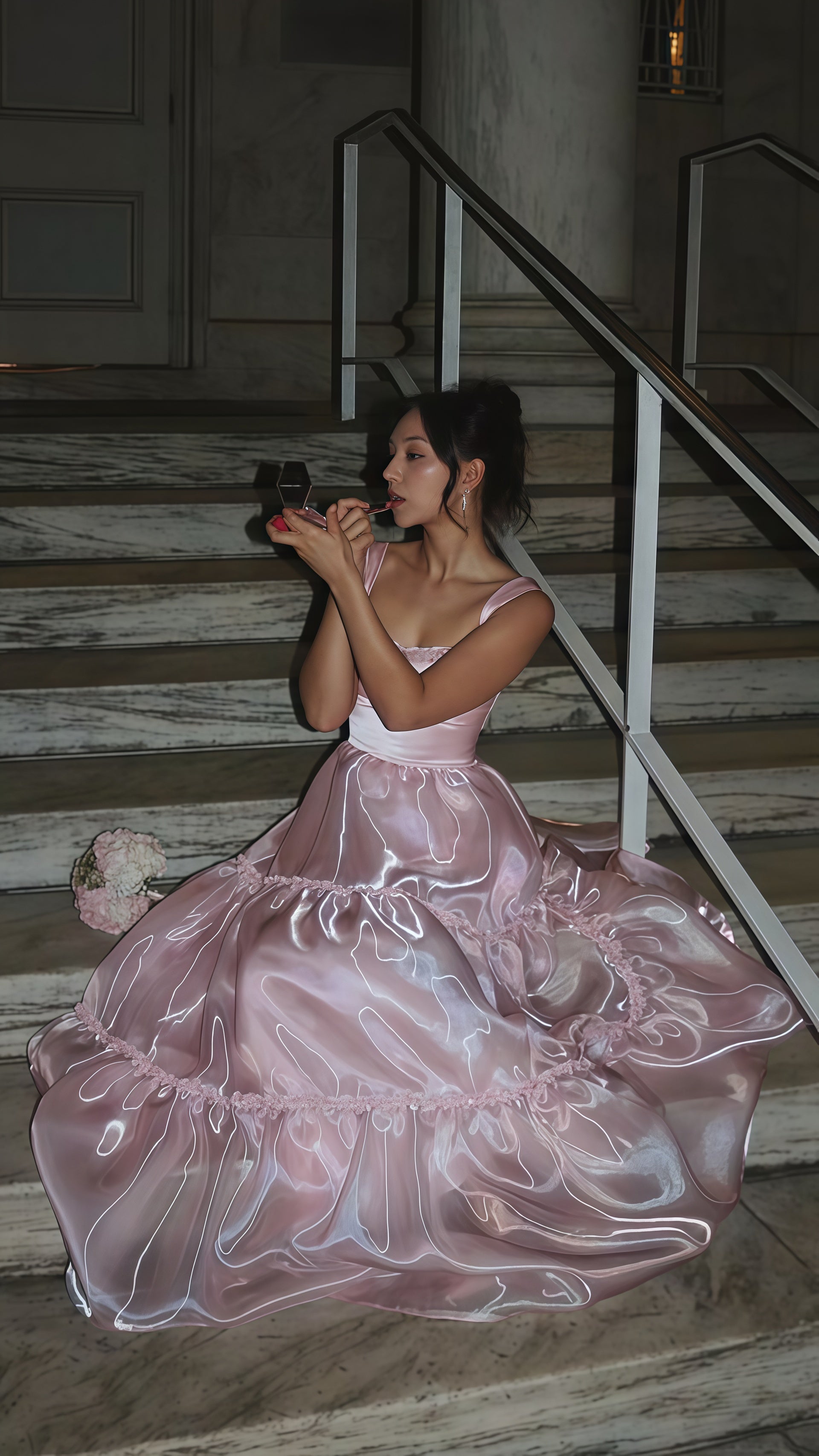 Sparkle Pink Organza A-Line Formal Prom Dresses, Floor Length Formal Evening Party Dresses