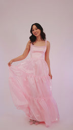 Sparkle Pink Organza A-Line Formal Prom Dresses, Floor Length Formal Evening Party Dresses