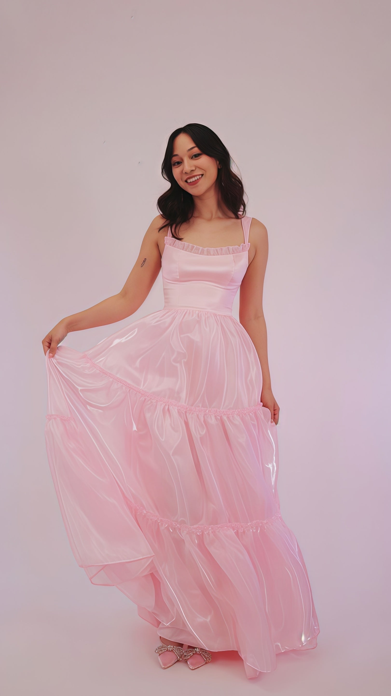 Sparkle Pink Organza A-Line Formal Prom Dresses, Floor Length Formal Evening Party Dresses