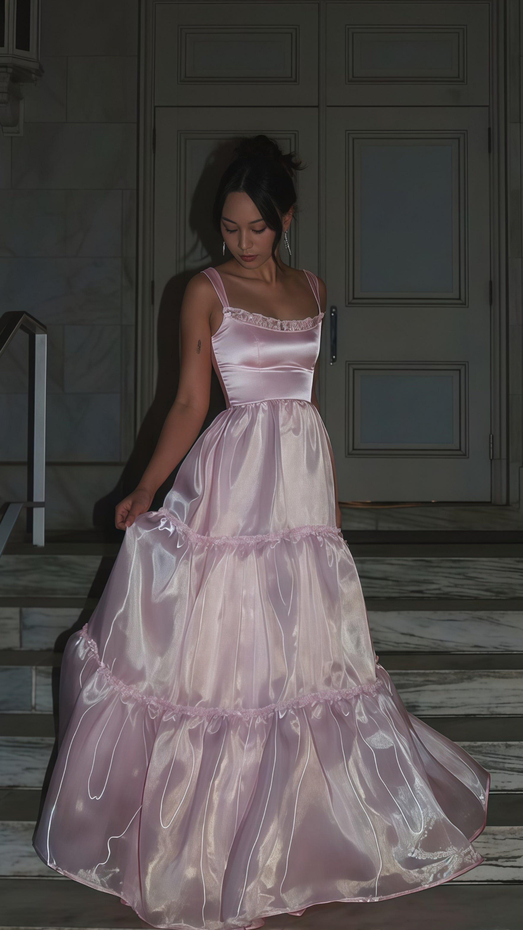 Sparkle Pink Organza A-Line Formal Prom Dresses, Floor Length Formal Evening Party Dresses Main image