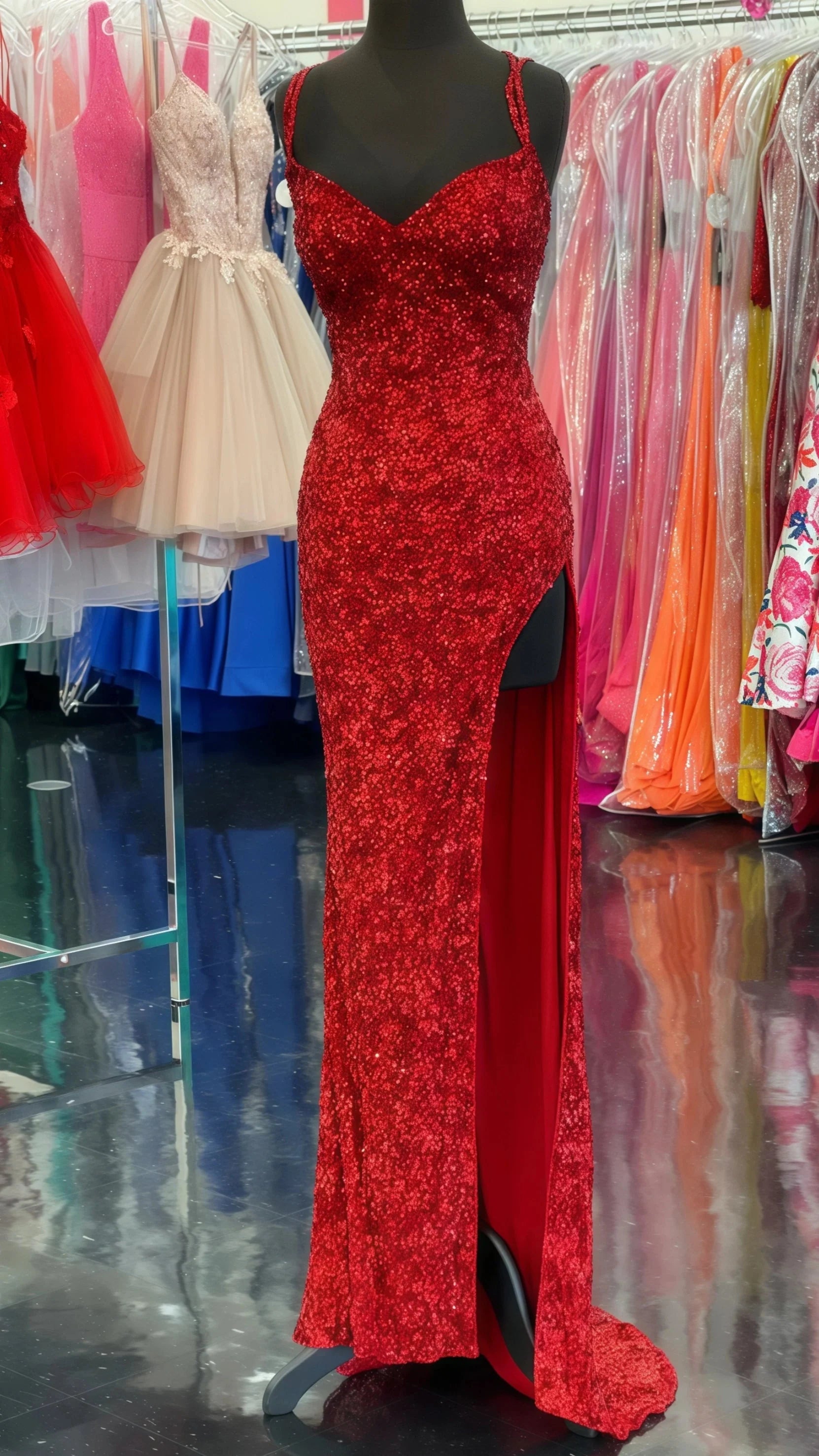 Sparkle Red Bodycon Sequined Long Formal Prom Dresses