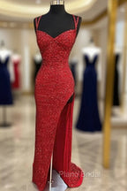 Sparkle Red Bodycon Sequined Long Formal Prom Dresses
