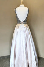 Sparkle Sequin Beaded V-Neck Long Satin Formal Prom Dresses