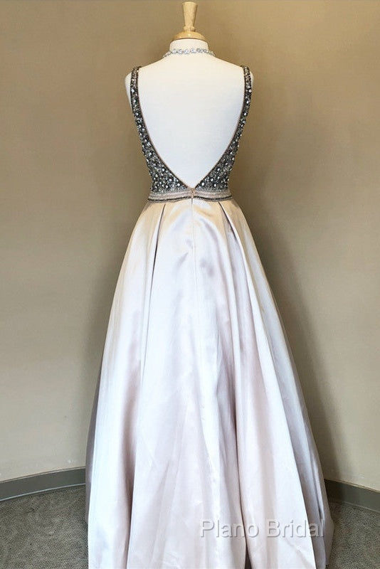 Sparkle Sequin Beaded V-Neck Long Satin Formal Prom Dresses
