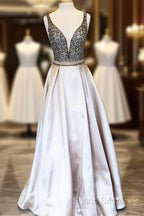 Sparkle Sequin Beaded V-Neck Long Satin Formal Prom Dresses