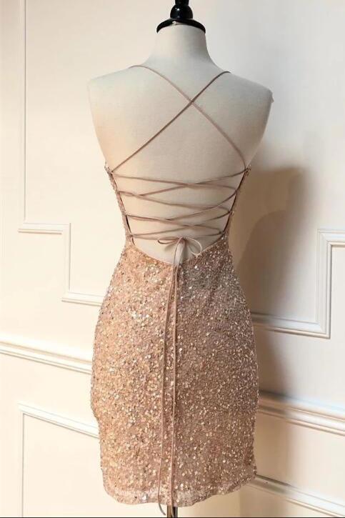 Sparkle Straps Tight Peach Sequins Short Homecoming Dresses Secondary image