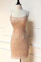 Sparkle Straps Tight Peach Sequins Short Homecoming Dresses