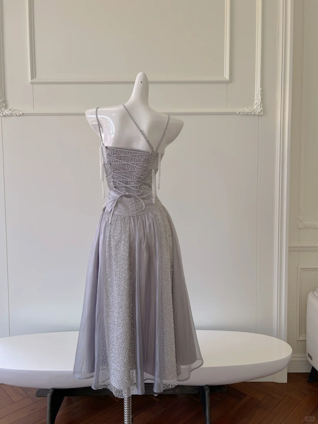 Sparkling A-Line Strap Sequined Tassel Tulle Long Formal Prom Dresses