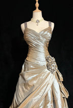 Sparkling A-Line V-Neck Satin Backless Long Formal Prom Dresses Formal Evening Dresses Graduation Formal Prom Dresses