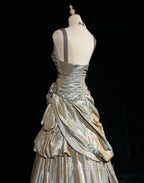 Sparkling A-Line V-Neck Satin Backless Long Formal Prom Dresses Formal Evening Dresses Graduation Formal Prom Dresses