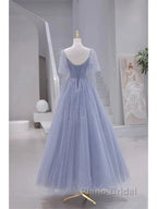 Sparkling Blue Short Sleeves Tulle Long Sweetheart Party Dresses A-Line Blue Formal Prom Dresses