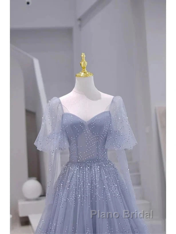 Sparkling Blue Short Sleeves Tulle Long Sweetheart Party Dresses A-Line Blue Formal Prom Dresses