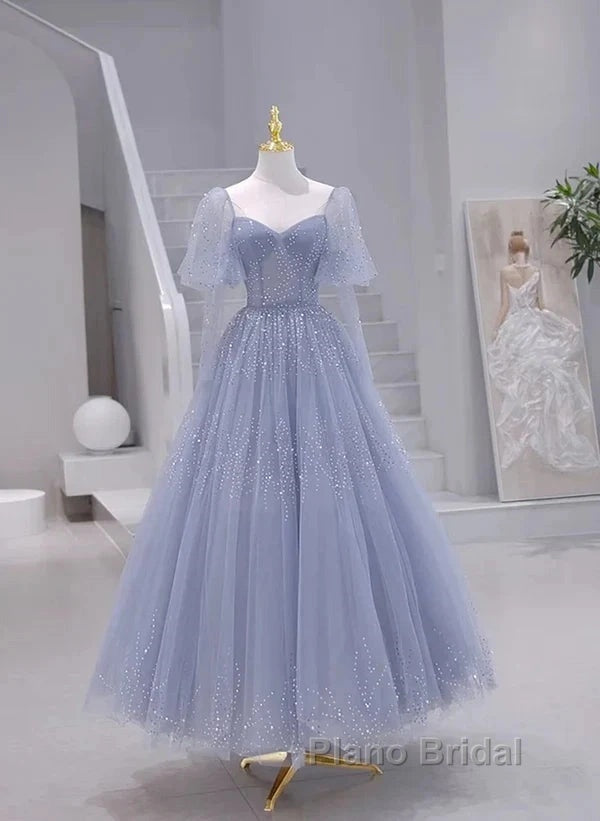 Sparkling Blue Short Sleeves Tulle Long Sweetheart Party Dresses A-Line Blue Formal Prom Dresses