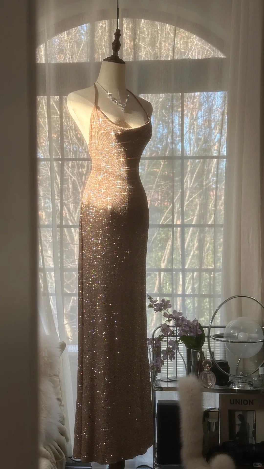 Sparkling Champagne Halter Neck Sequin Mermaid Long Prom Dress